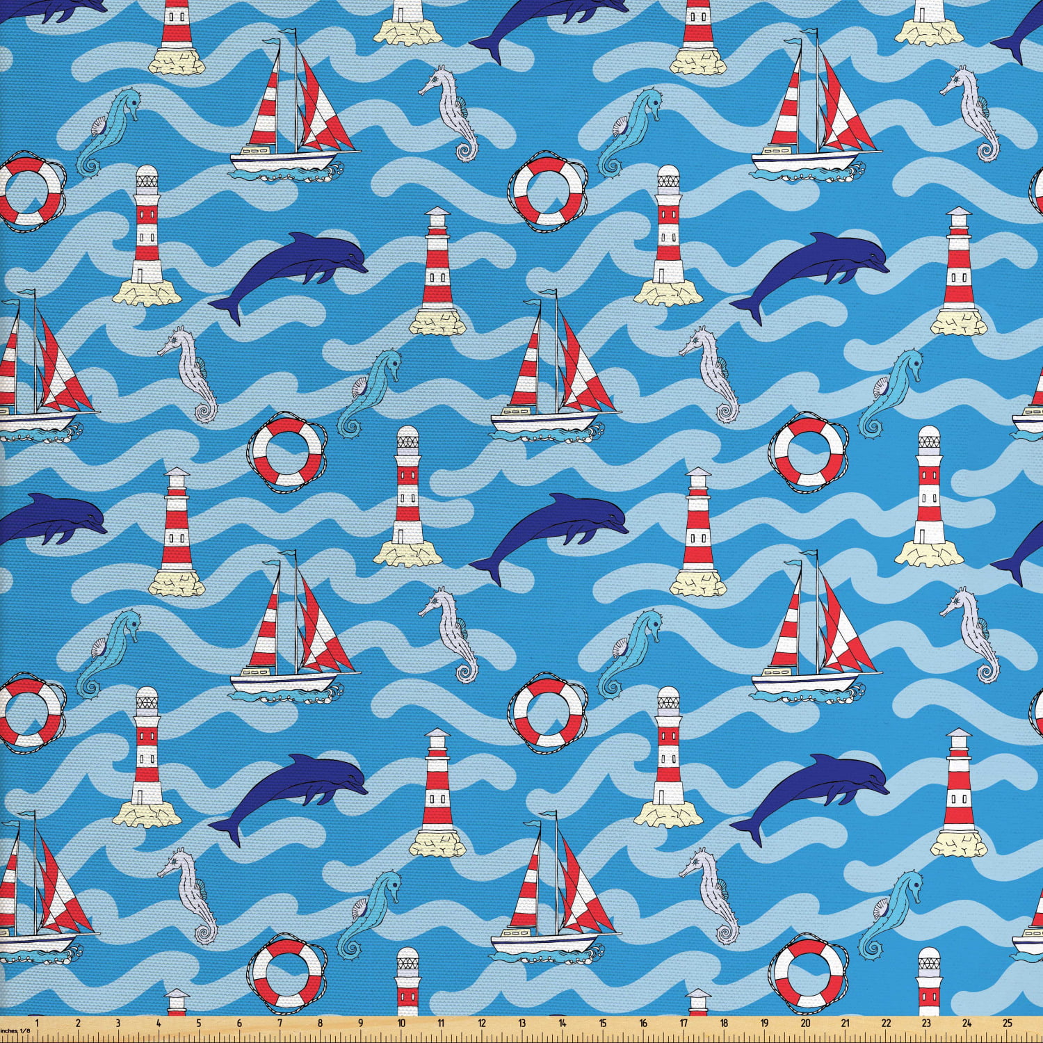 Lighthouse Fabric by The Yard, Wavy Lines Aquatic Elements Dolphins ...