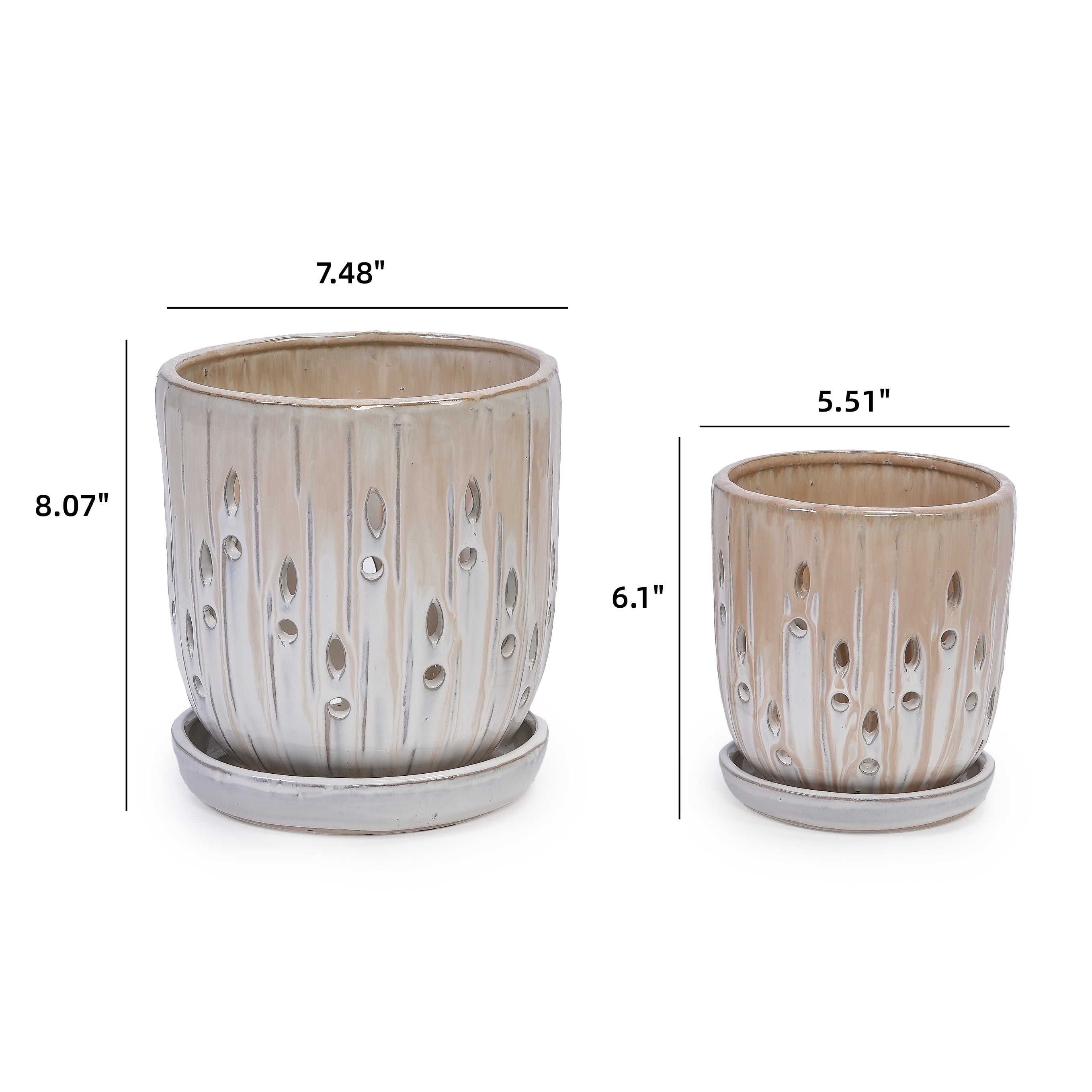 MAYEERTY 2 Pack Striped Ceramic Planter Pot with Drainage Hole, 8" Planter for Indoor Outdoor Patio, Garden, Brown