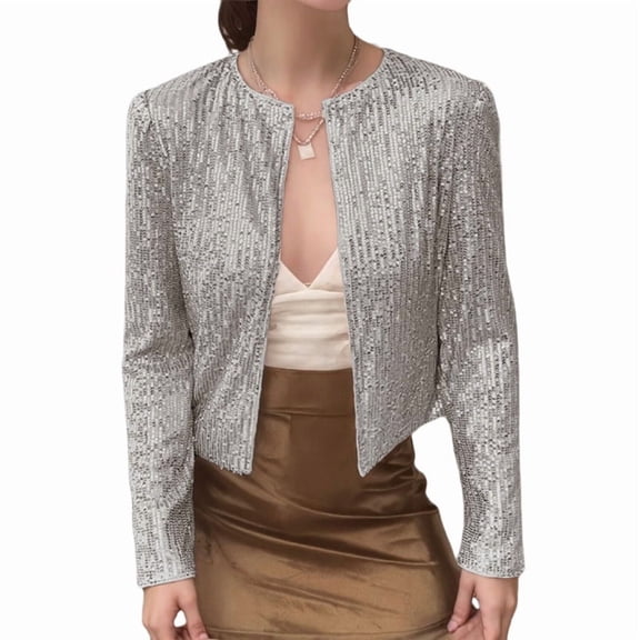 Womens Sequin Jacket Casual Long Sleeve Front Party Jacket Silver M
