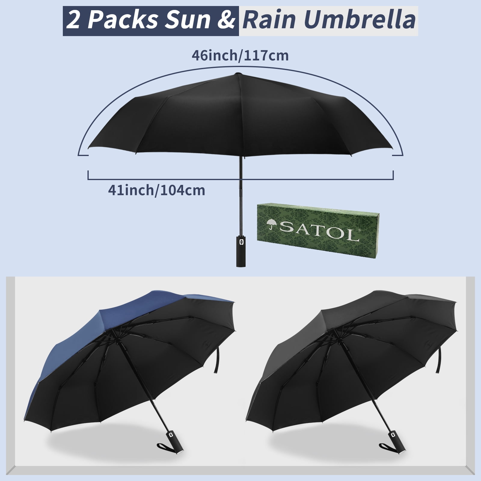 T2Raiwy 2-Pack of 46-Inch Large Golf Umbrellas, 10-Rib Automatic Opening and Closing, Black and Blue