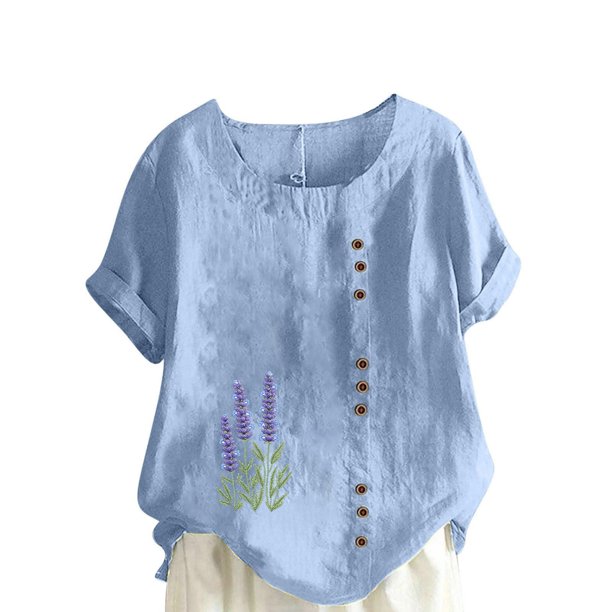 Vestidos Casuales Para Mujer, Blusas De Mujer De Moda Blusa tipo túnica informal de lino con estampado de peces del océano y botones de manga corta para mujer