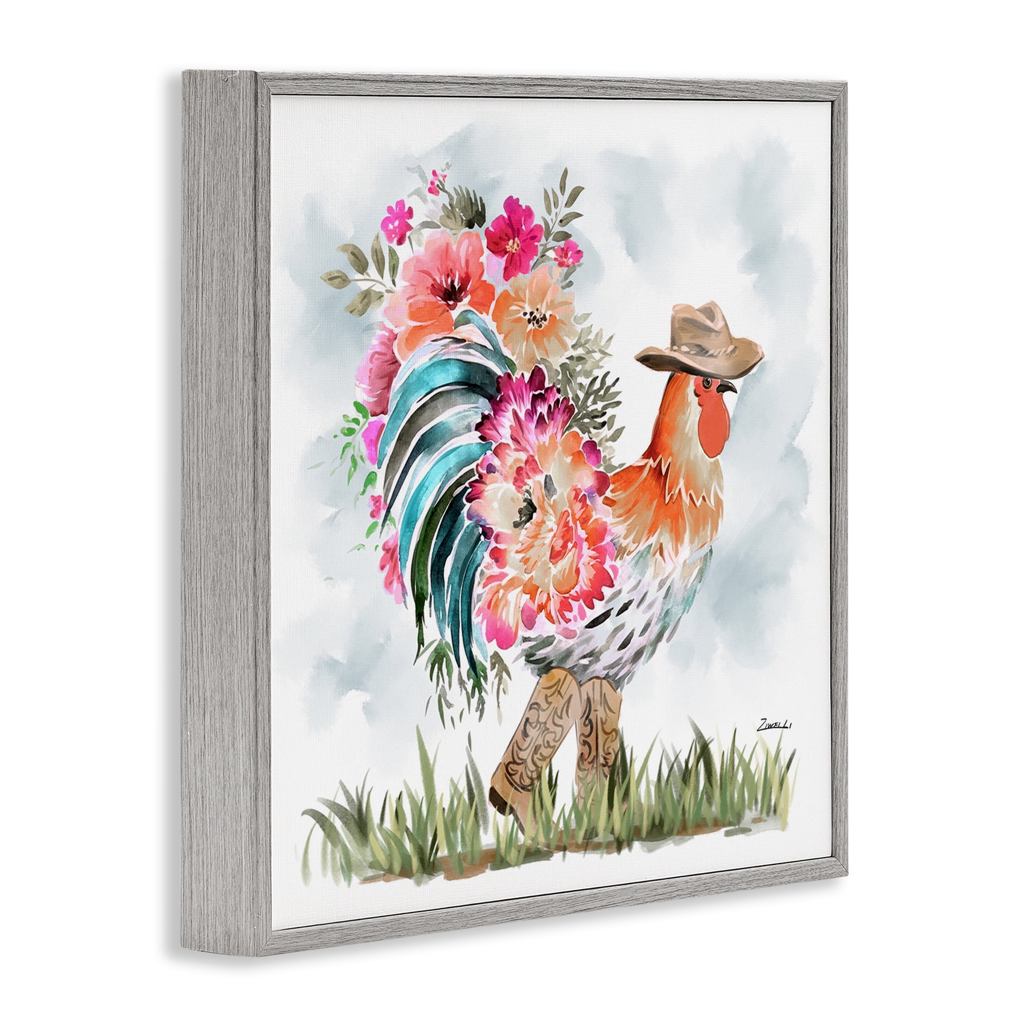 Stupell Industries Blooming Cowgirl Hen Animals & Insects Painting Gray Framed Art Print Wall Art, 24 x 24