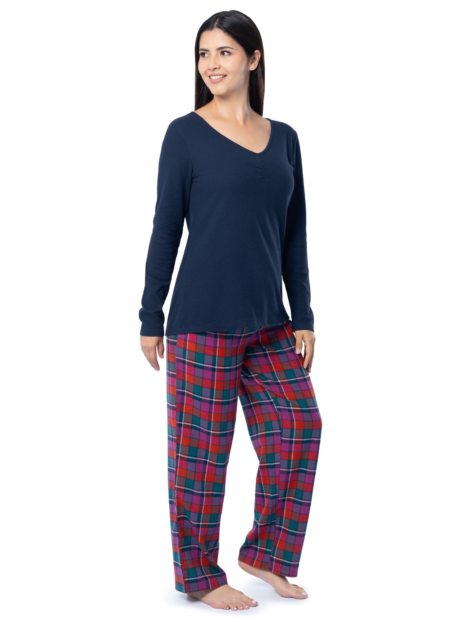 Fruit of the Loom Women's Beyond Soft Long Sleeve Waffle Top and Flannel Bottom Pajama Set, Sizes S-4X