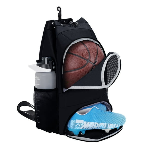 Drawstring Men Sports Backpack with Shoe Compartment Wet Pocket Hook Basketball Soccer Gym Sports Equipment Bags with Name Tag for Women, Black