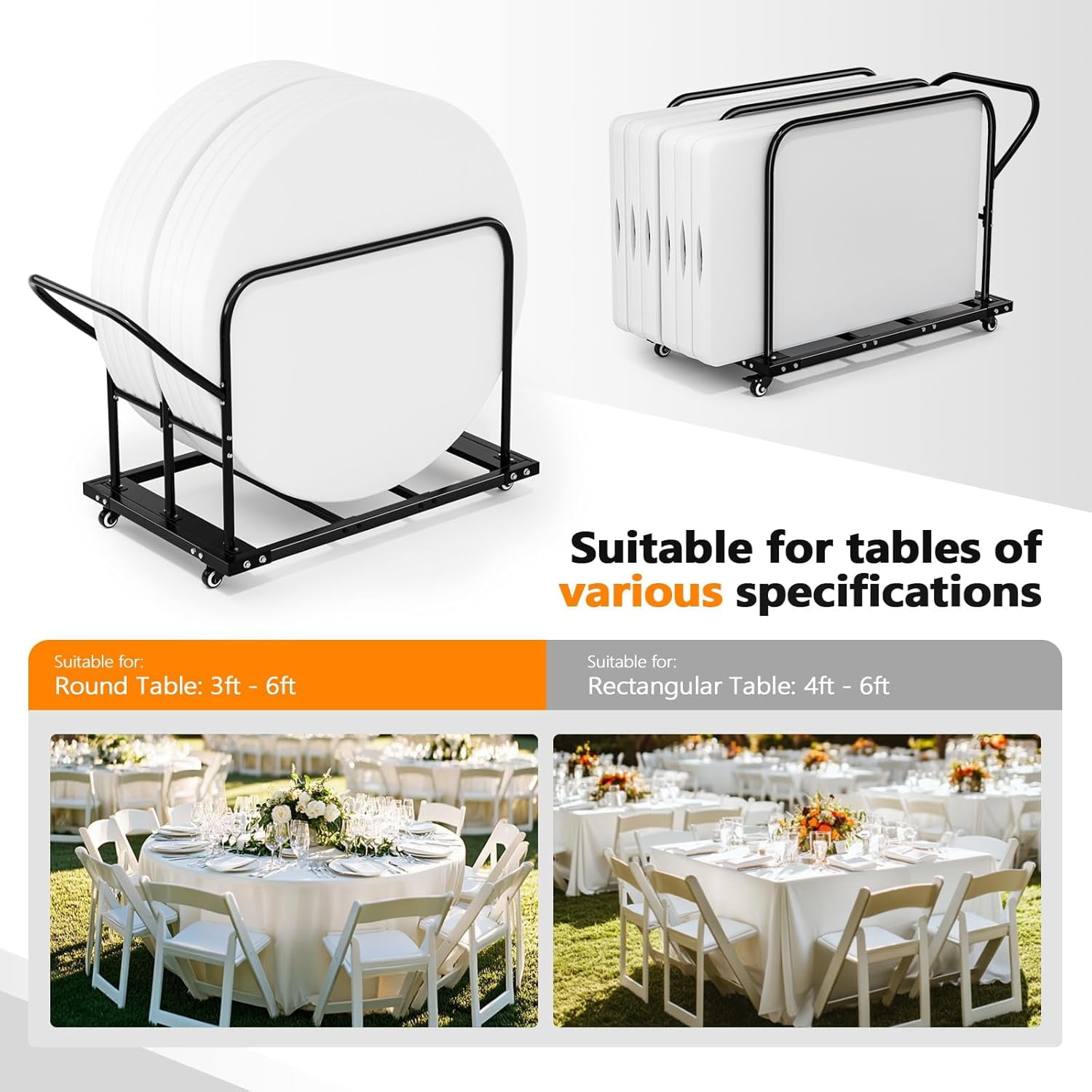 JFTER Heavy Duty Folding Table Cart, Table Dolly with PU Swivel Wheels, 800 lbs Capacity, Holds Up to 10 Tables for Party Events, Hotels, Factories & Warehouses