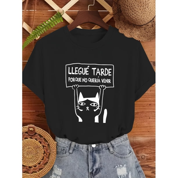 Women's Cute Cat Graphic Tee - Casual Short Sleeve Round Neck T-Shirt with "Llegue tarde" Print, Black Polyester Blend for Spring/Summer/Fall