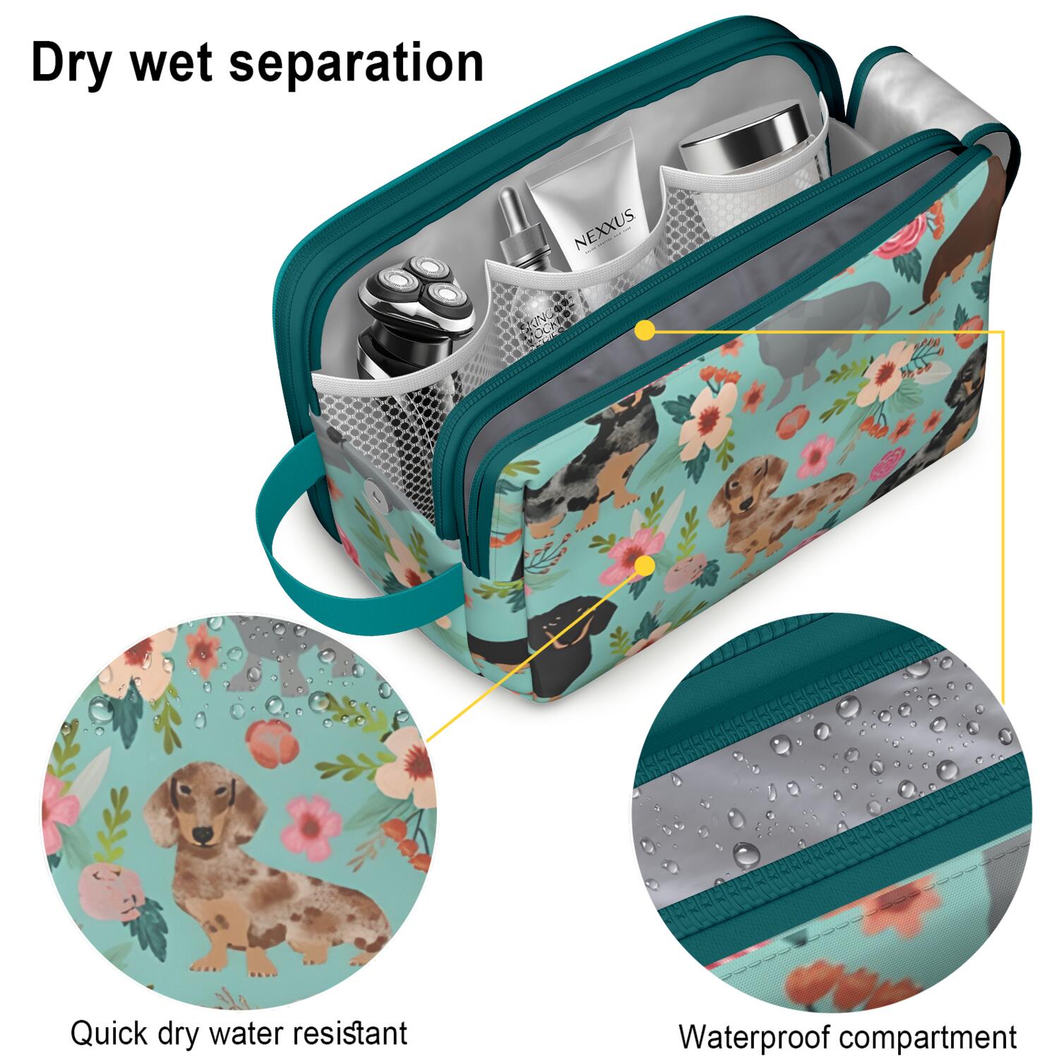 Toiletries Bag,Dachshund and Flower Mens Womens Toiletry Bag Bathroom Bag,Waterproof Toiletry Travel Bag Dopp Kit Shaving Bag 11x6.3x5.1 Inch
