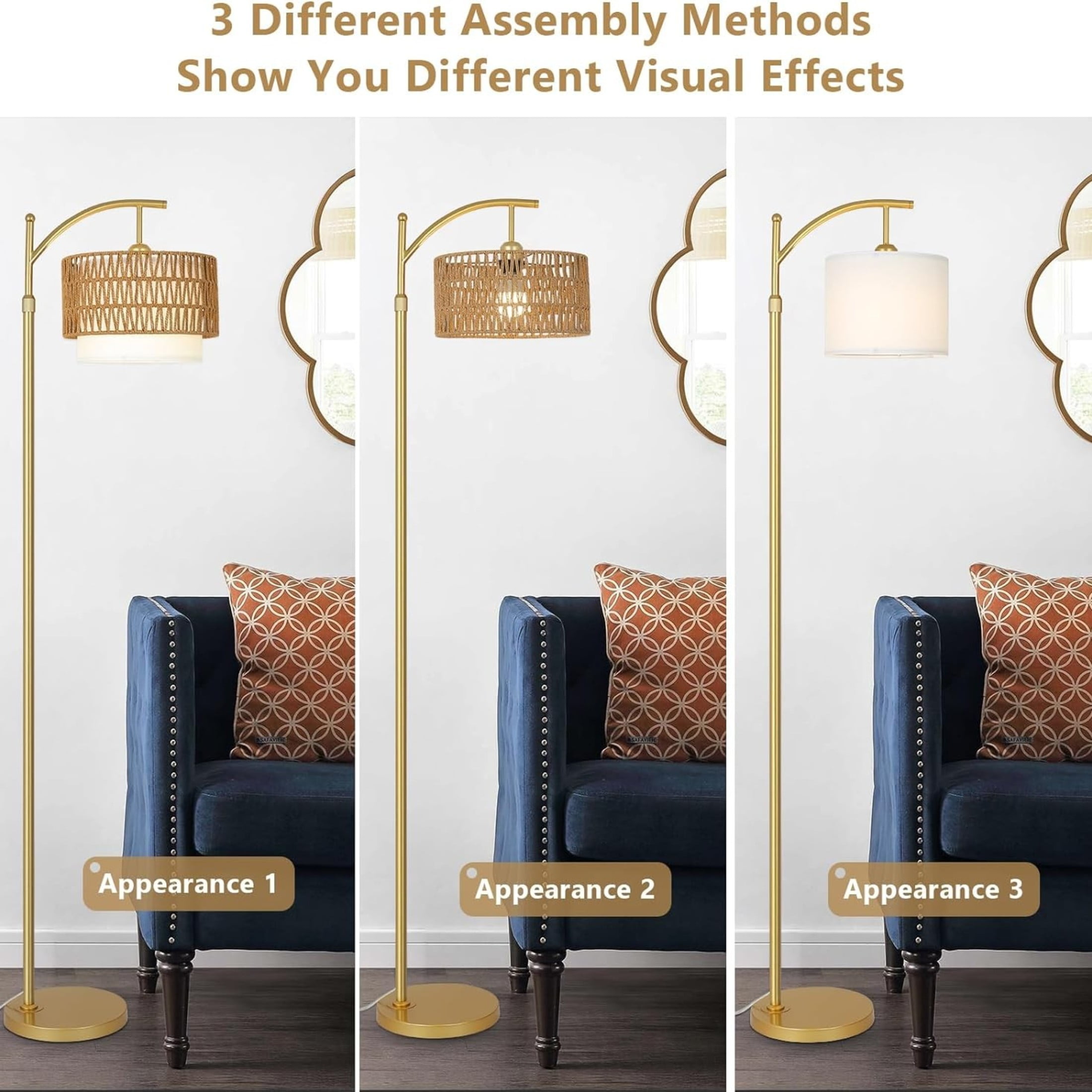 Noble House Modern Rattan Floor Lamp, Remote Dimmable, Adjustable Tall & Color Temperatures, Straight Drum Shade, Gold