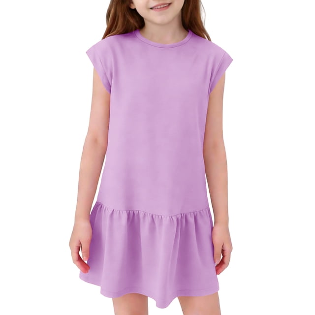 Niña Vestido de Primavera Estiramiento Suave Cómodo Casual Vestidos Sueltos para 5-14 Años Vestido de Verano de Manga Corta