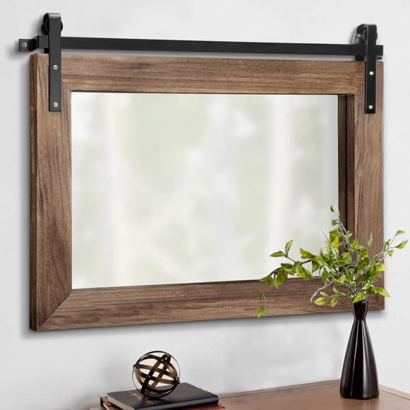 AAZZKANG Wood Mirror Rectangle Large Rustic Wall Mirror 18"x26" with Framed Bedroom Living Room Bathroom Hanging Mirror Horizontal