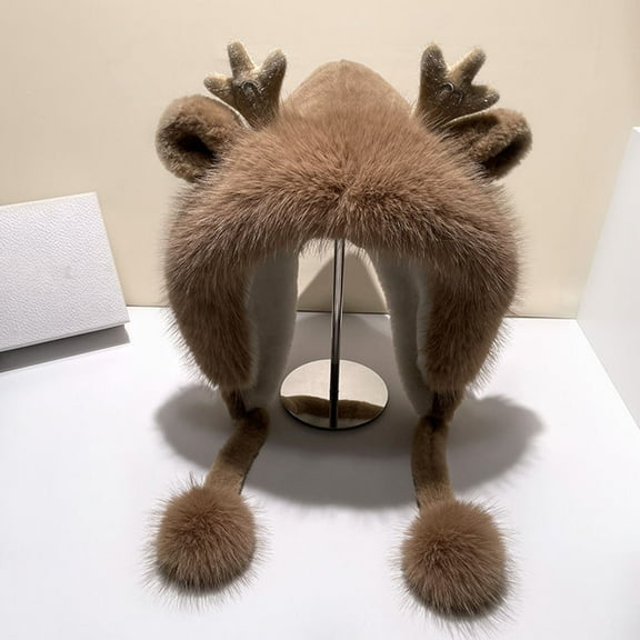 Naierhg Cute Furry Trim Antler Ears Decor Women Winter Hat Thickened Plush Warm Ear Woolen Hat Fashion Accessories for Winter Pink