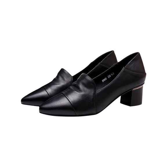 Xfvqtps Ladys French Pumps Pointed Toe Chunky Heels Medium Heel Slip On Simplicity Solid Color Retro Elegant Fashion Work Office Casual Leather Shoes Black