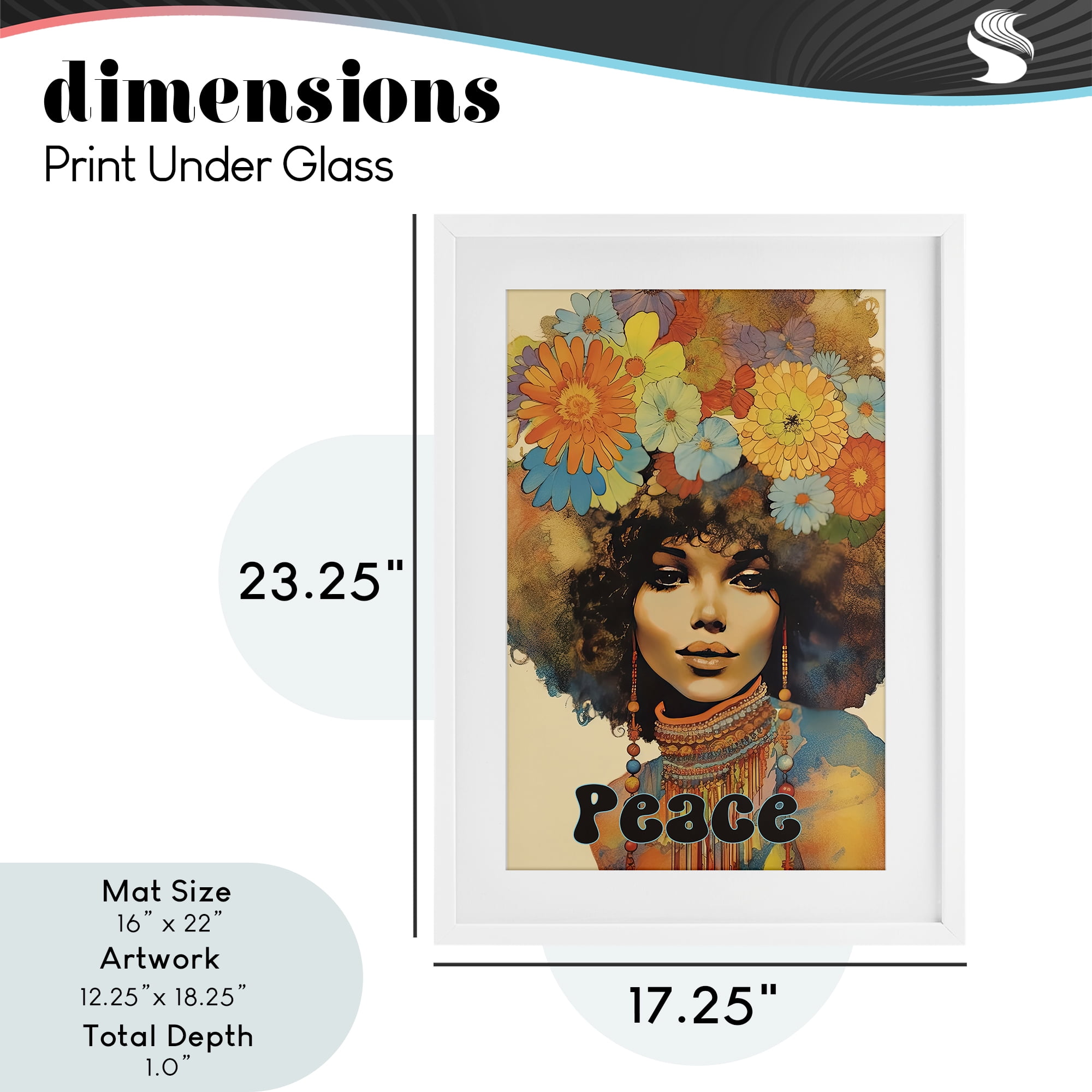 Peace Groovy Afro Girl White Framed Print Under Glass, design by Sasha
