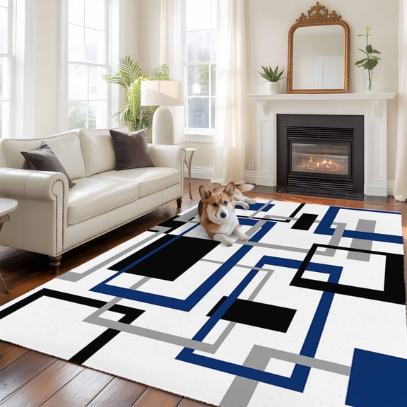 Abstract Lines Art Area Rugs 5x7 ft Black Blue Geometric Square Frame Washable Rug Non Slip Indoor Carpet Absorbent Floor Mat for Living Room Bedroom Dining Room