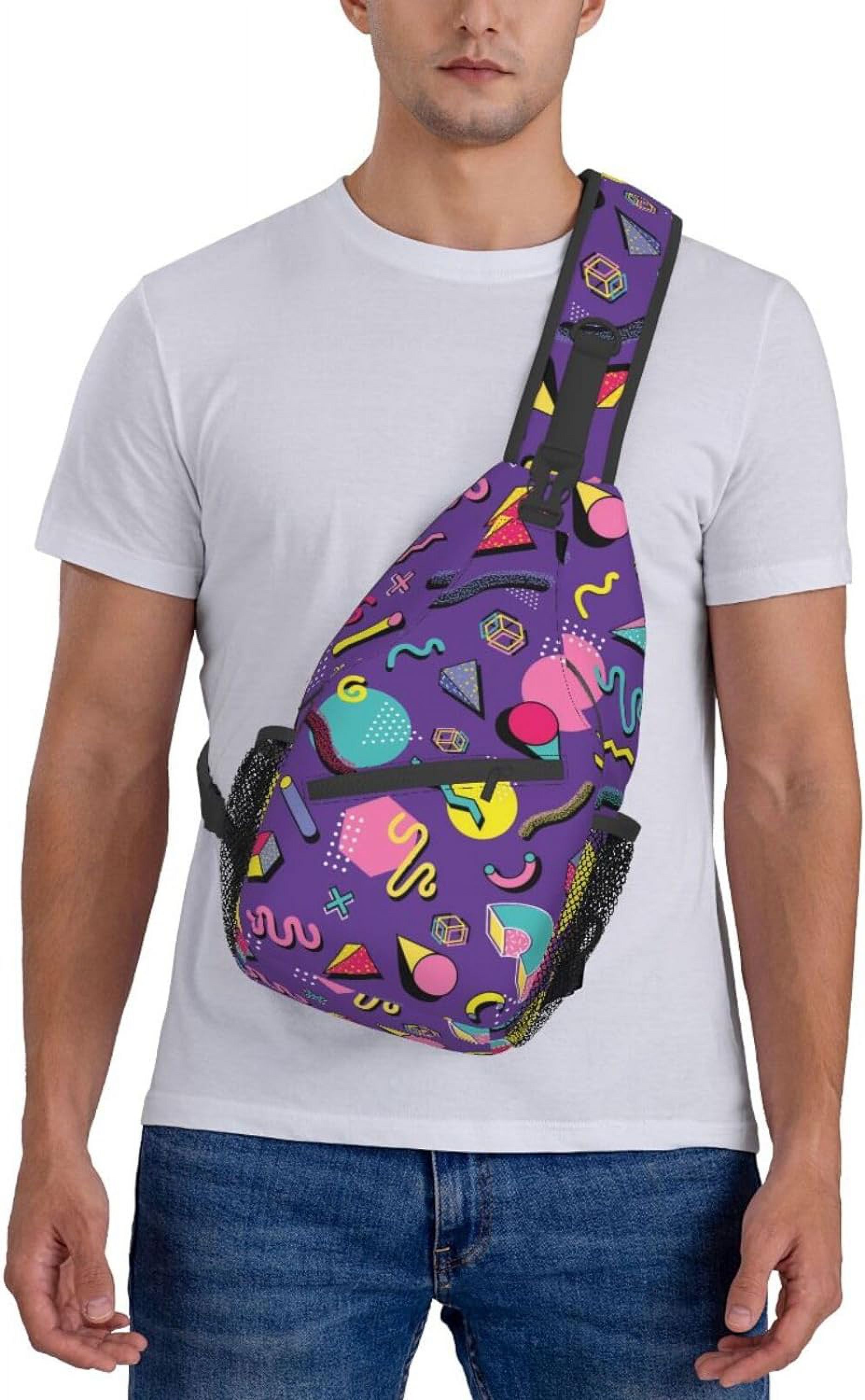 Purple 80s 90s Style Pattern Sling Bag Crossbody Hiking Travel Chest Bags Backpack Shoulder Daypack for Women Men