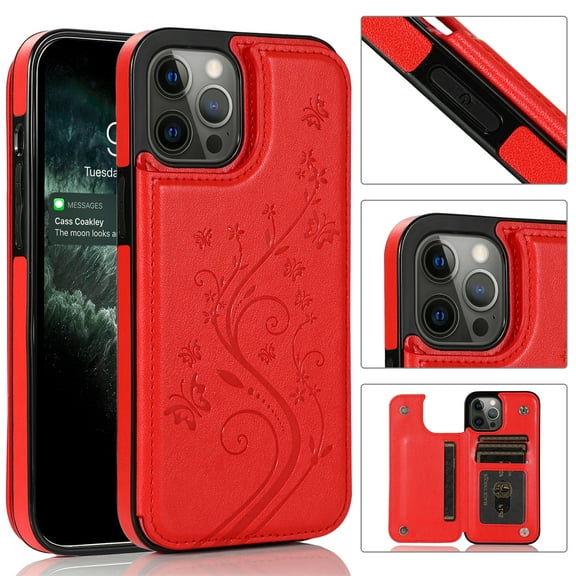 TECH CIRCLE Case for 2022 Apple iPhone 14 Pro (6.1") - Embossed Butterfly Pattern PU Leather Case with Card Slots (Red)