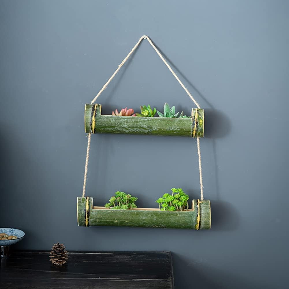 Bamboo Hanging Succulent Planter Hanging Planters for Indoor Plants, 2 Tier Hanging Pot Wall Planters for Indoor Plants, Hanging Plant Holder for Succulent Air Plant Herb (Green)