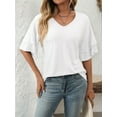 thumbnail image 2 of Womens V-Neck Tops Dressy Double Layer Bell Sleeve 3/4 Length Ruffle Sleeve T Shirts White XXL, 2 of 6