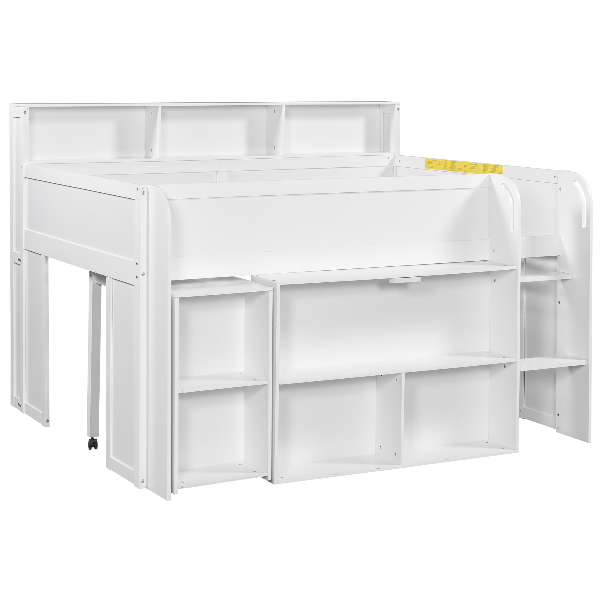 Euroco Wood Full Size Loft Bed with Storage Shelves Desk and LED Light, White