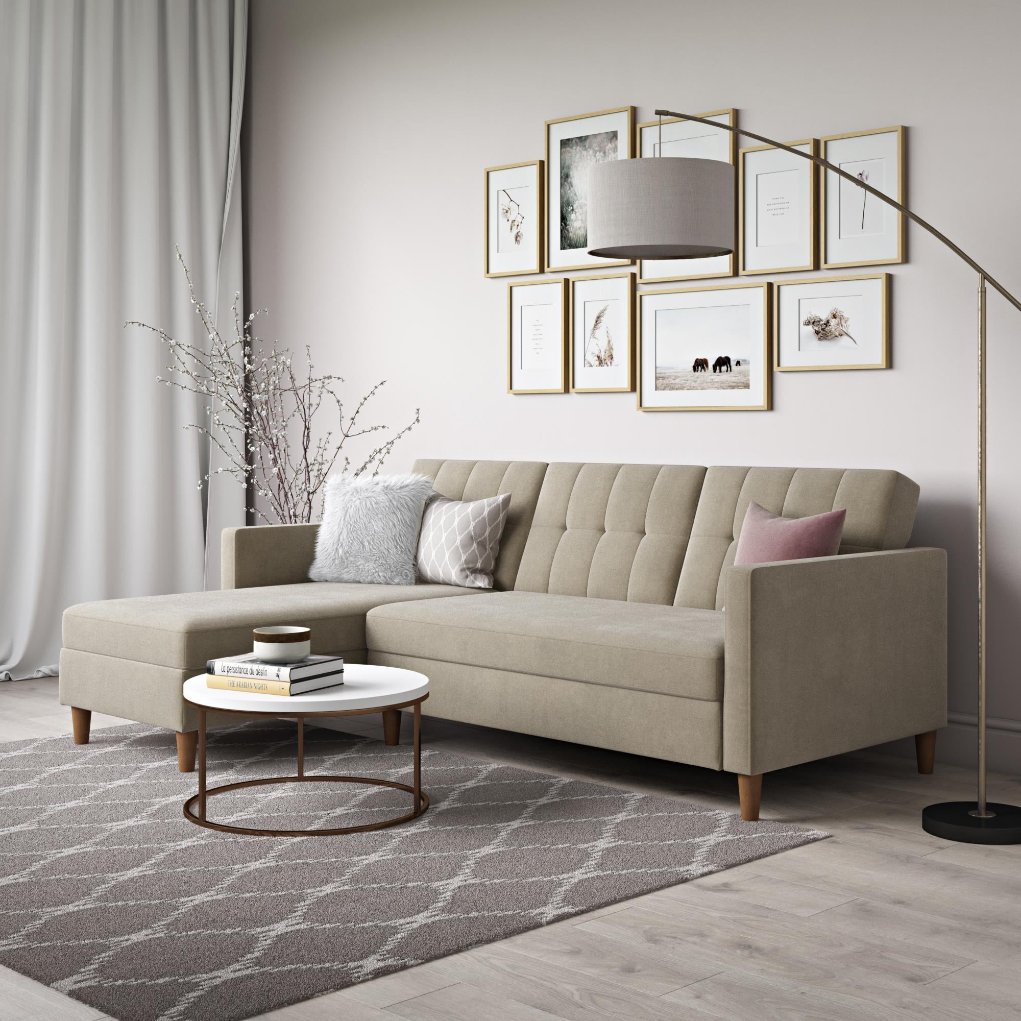 DHP Hartford Storage Reversible Sectional Futon with Chaise, Tan Chenille