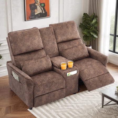IPKIG 63" RV Loveseat Recliner Sofa, Manual Double Recliner with Storage Console & 2 Cup Holders for Home Theater Seating, Velvet Brown