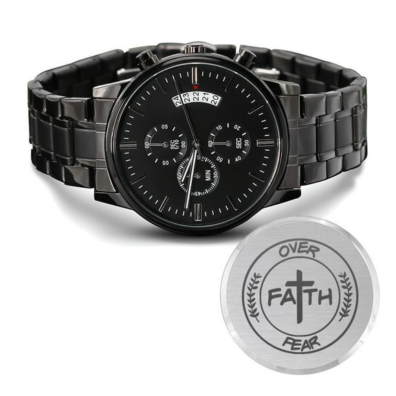 Faith Over Fear Cross Engraved Bible Verse Men's Watch Multifunction Stainless Steel W Copper Dial