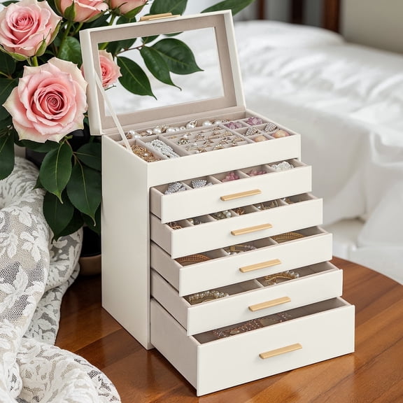 LEDREM Jewelry Box, 6-Layer Jewelry Organizer with Glass Lid & 5 Drawers, Modern Velvet-Lined Storage Box for Dresser/Vanity, Jewelry Boxes, Cloud White and Gold Color
