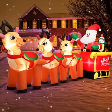 IZNEN 12ft Christmas Inflatable Santa Claus On Sleigh With 3 Reindeer Outdoor Lights Decor for Holiday Decor,Xmas Party,Yard,Garden and Lawn