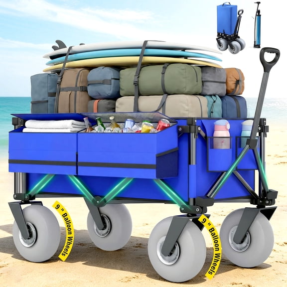 Rovique Blue 450 lb Capacity Utility Garden Wagon with Foldable, 9-inch Balloon Wheels for Outdoor Use