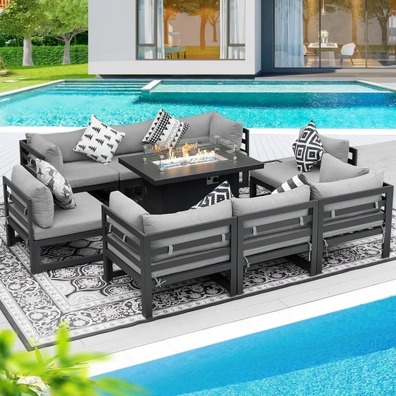 RADIATA 9 Pieces Aluminum Outdoor Patio Sectional Furniture Sofa Set with Fire Pit Table Large Size Luxury Comfortable Water/UV-Resistant Garden Porch Backyard Party (Light Gray Cushion)