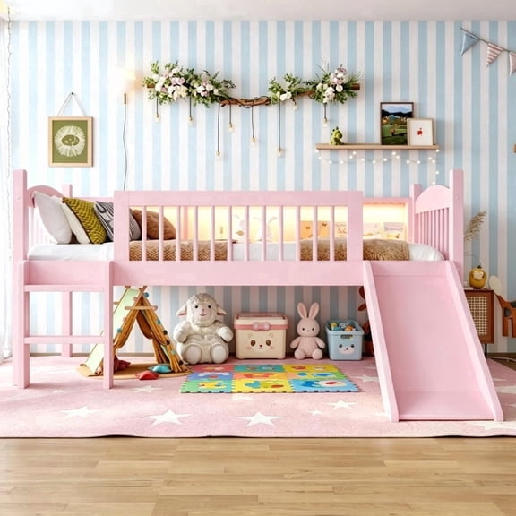 Bellemave Twin Loft Bed with Slide, Low Loft Bed with Bookcase, Solid Wood Loft Bed with LED Lights & Ladder, Twin Size Loft Bed with Full-Length Guardrails, No Box Spring Needed, Pink