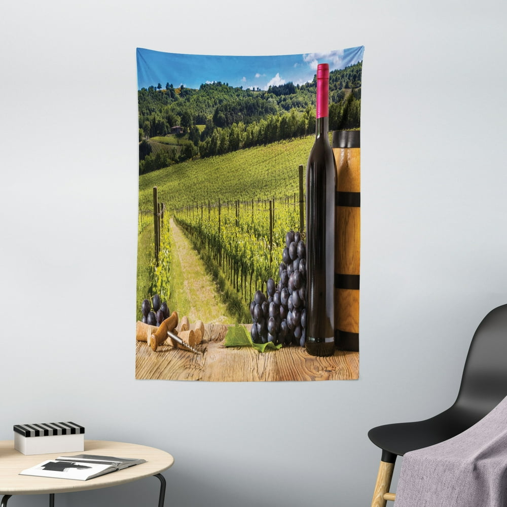 Wine Decor Tapestry Wall Hanging Red Wine Bottles with Grapes on Timber