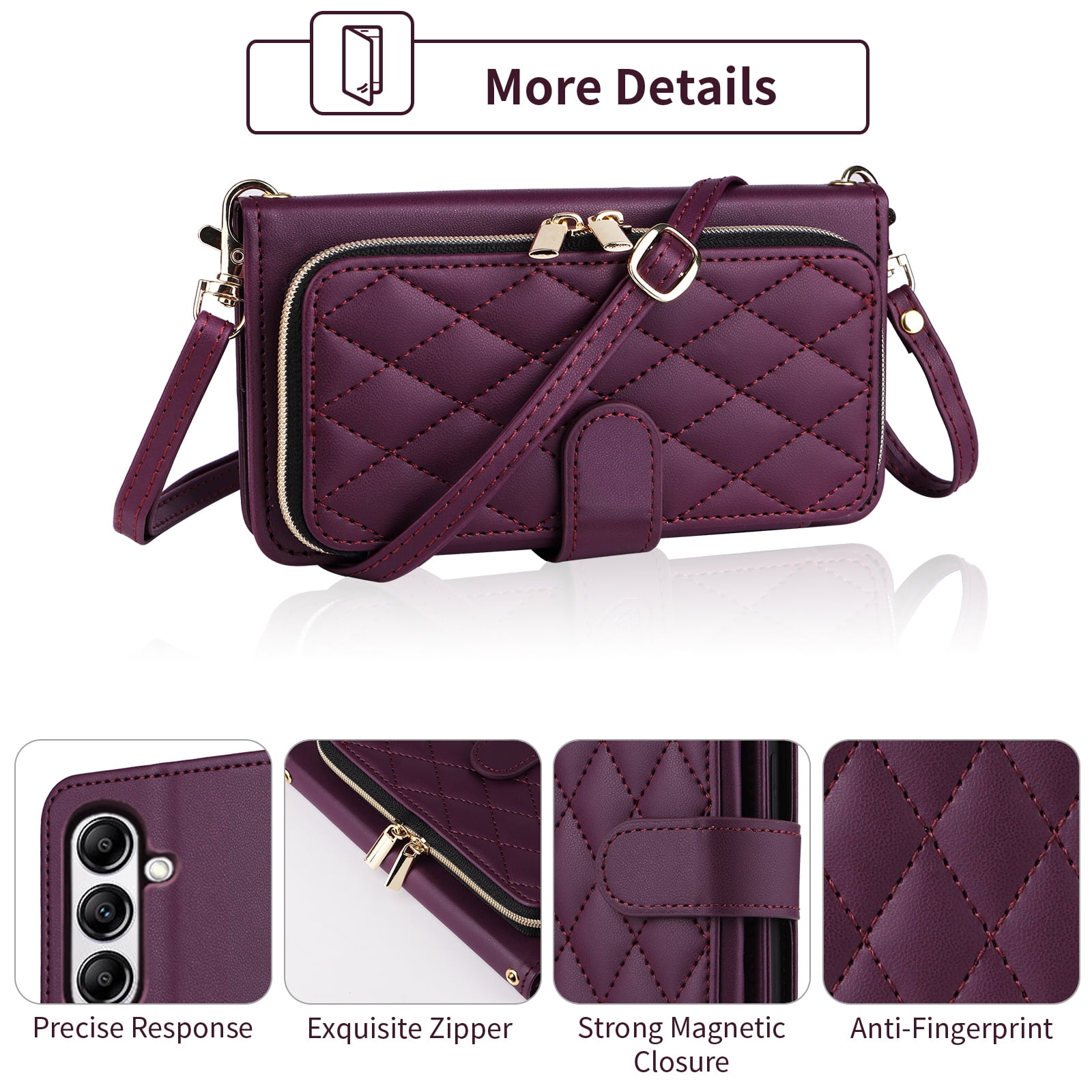 Furiet Argyle Wallet Case for Samsung Galaxy A55 5G with Wrist Strap Shoulder Strap, Card Slots Zipper Purse Luxury PU Leather Stand Checkered Phone Cover for A 55 55A A555G Women Girls Deep Purple