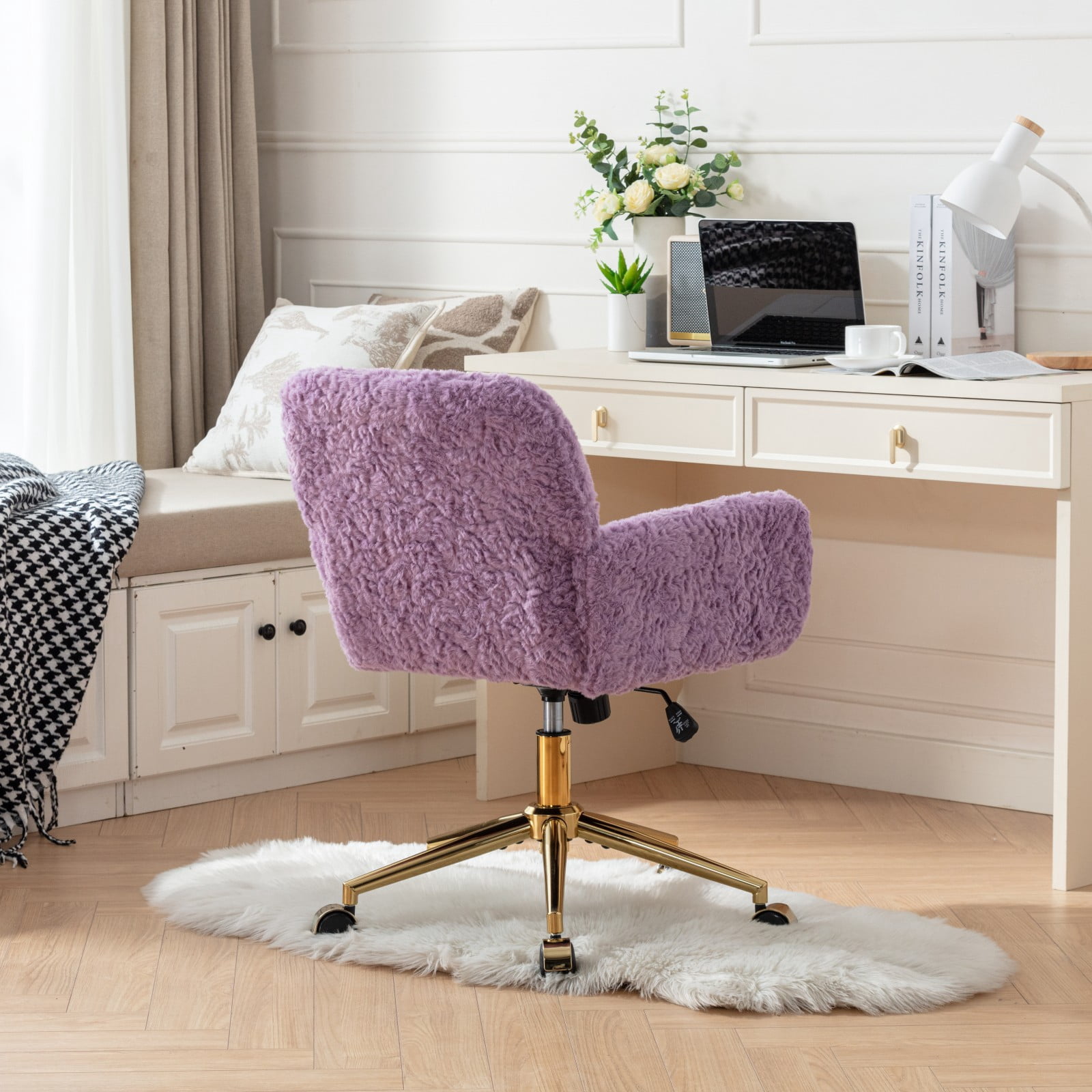 GAKMCIL Artificial Alpaca Wool Home Office Chair, Ergonomic Desk Chair, Vanity Chair with 360 ° Swivel, Arm, Golden Metal, Chassis can be Tilted 40°, 300lb Load for Study, Office, Bedroom (Violet)