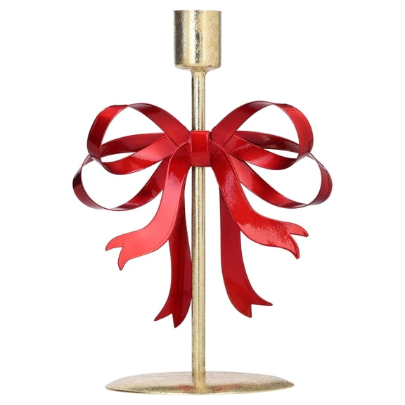 Small Gold and Red Bow Metal Christmas Taper Candle Holder, 7.8", by Holiday Time