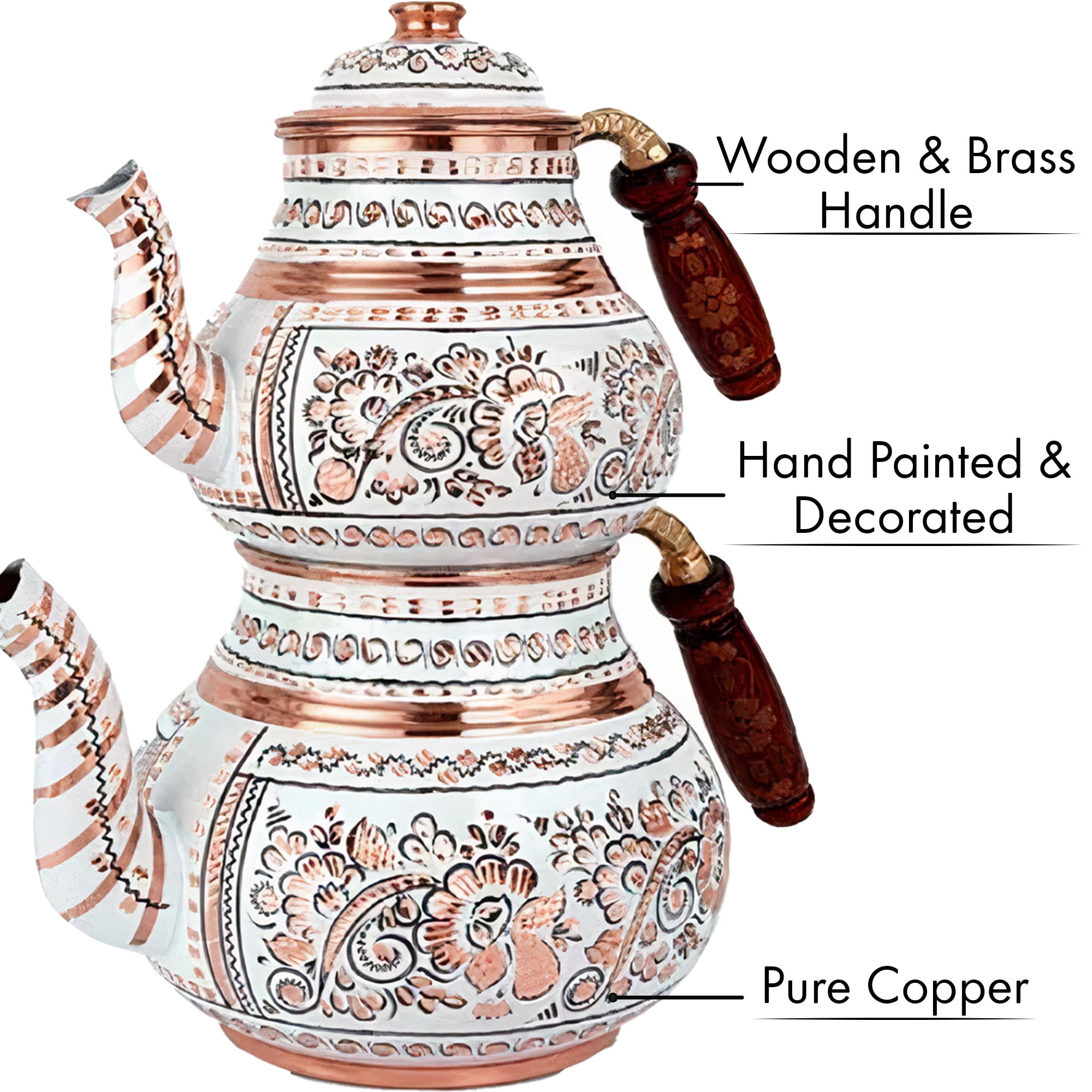 Handmade Copper Turkish Tea Pots, Thickest Copper Double Teapot Set for  Stovetop, Decorated and Painted Samovar Style Vintage Tea Kettle Pot with  Brass and Wooden Handle 