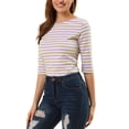 thumbnail image 4 of Allegra K Women's Casual Round Neck Elbow Sleeves Slim Fit Stripes T-Shirt, 4 of 6