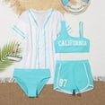 thumbnail image 3 of GYRATEDREAM Girl's 4 Piece Swimsuits Letter Graphic Asymmetrical Neck Bikini Set Bathing Suit with Shorts and Cover Up for 10Y Blue, 3 of 6