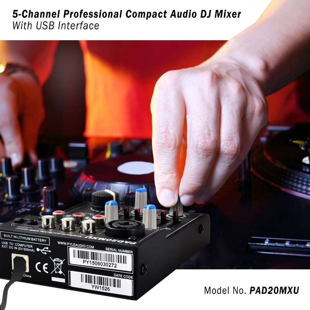 Pyle PAD20MXU - 5-Channel Professional Compact Audio DJ Mixer With USB Interface