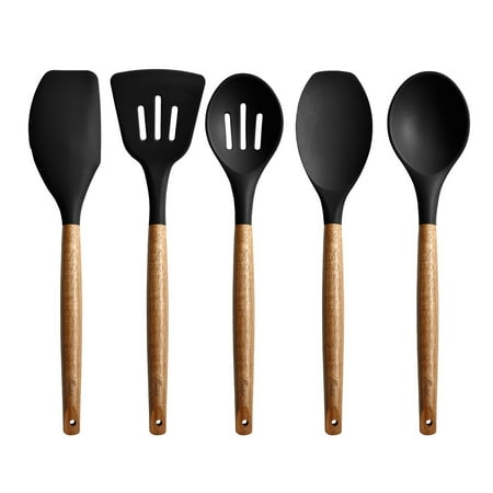 

Non-Stick Silicone Utensils Set with Authentic Acacia Wood Handles - 5 Piece Silicone Cooking Utensils Set - Black