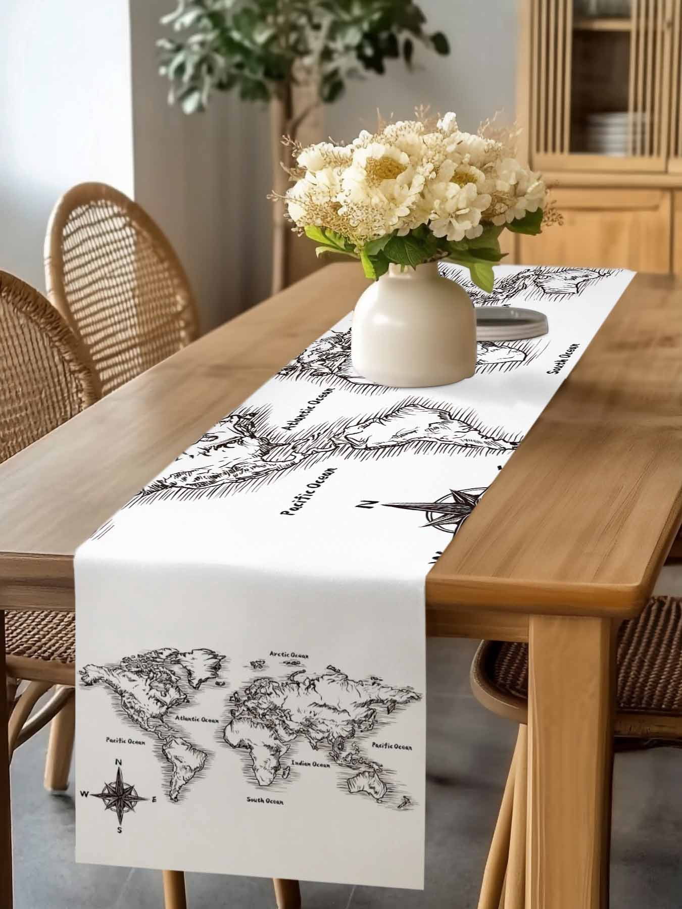 Sea Map Table Runner, Vintage Black White Nautical Travel World Map Compass Washable Cotton-linen Table Runners Dining Kitchen Decoration for Everyday Home Wedding Party Decor, 13 x 108 Inch