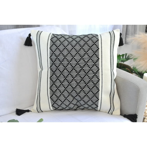 Boho Throw Pillow Cover With Tassels Black and White  16x16 inch - Single Piece / Decorative Living Room Cushion Cover / Farmhouse Designer Woven Pillow Case/ Modern Accent Cushion Cover