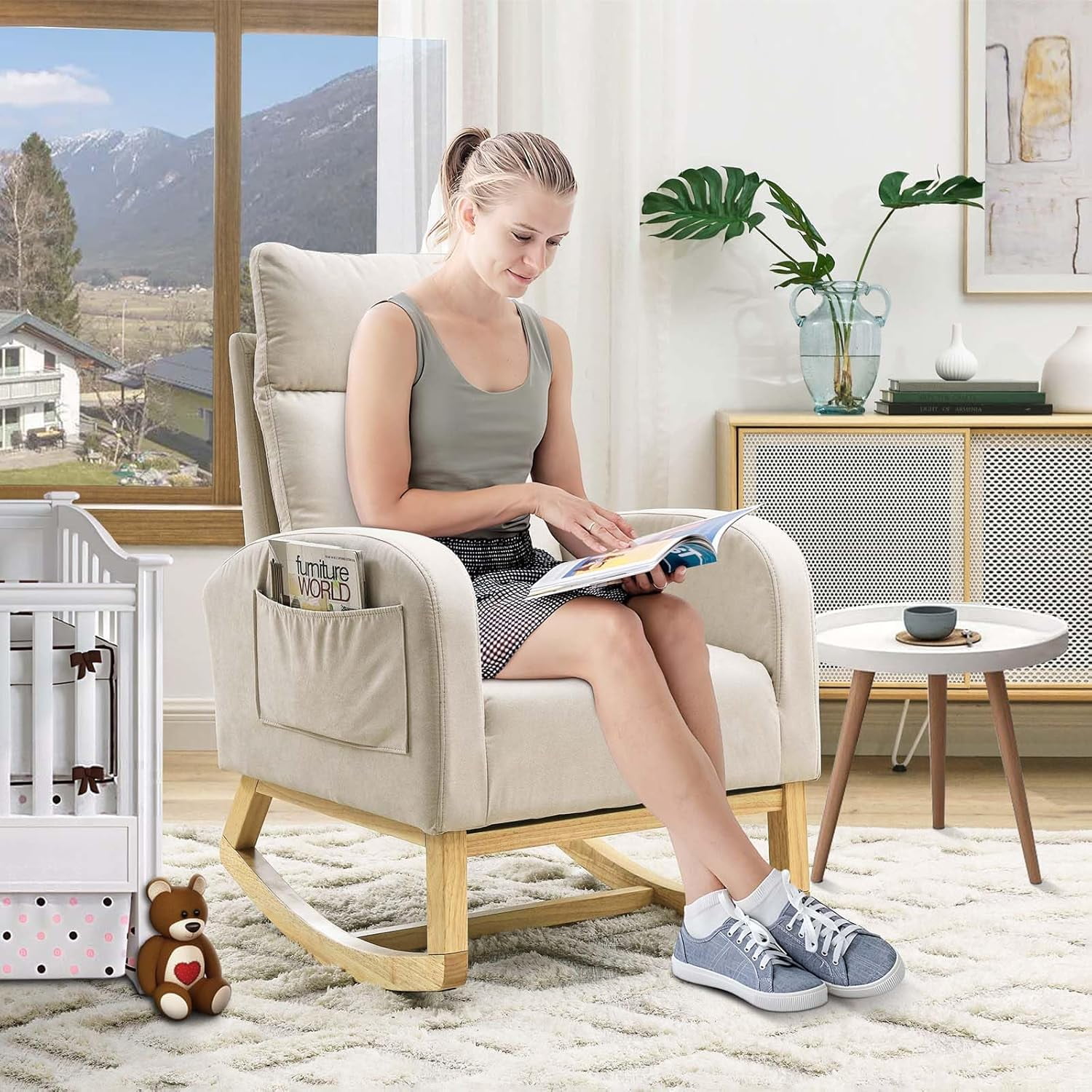 Nursery Rocking Glider Chair, Modern Fabric Tall Back Accent Rocker Chair Upholstered Arm Chair w/Side Pockets, Modern Leisure Single Sofa for Living Room, Hotel, Bedroom, Office, Grey