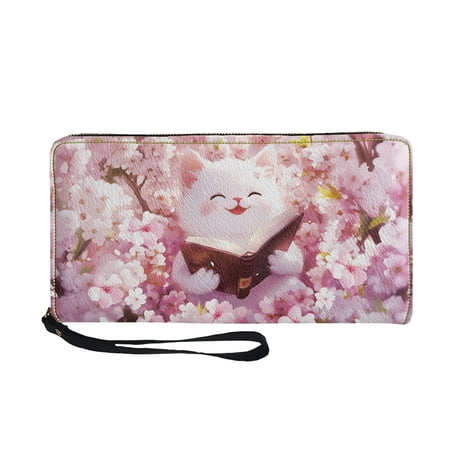 CHAQLIN Cherry Cat Long Purse Zip-Around PU Leather Wallet for Travel Shopping Zip Around Long Wallet