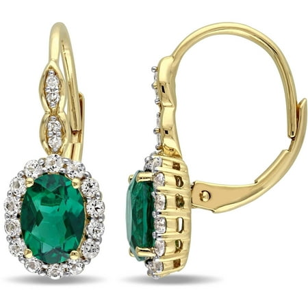 Tangelo 2-1/4 Carat T.G.W. Created Emerald, White Topaz and Diamond-Accent 14kt Yellow Gold Vintage Halo Leverback Earrings