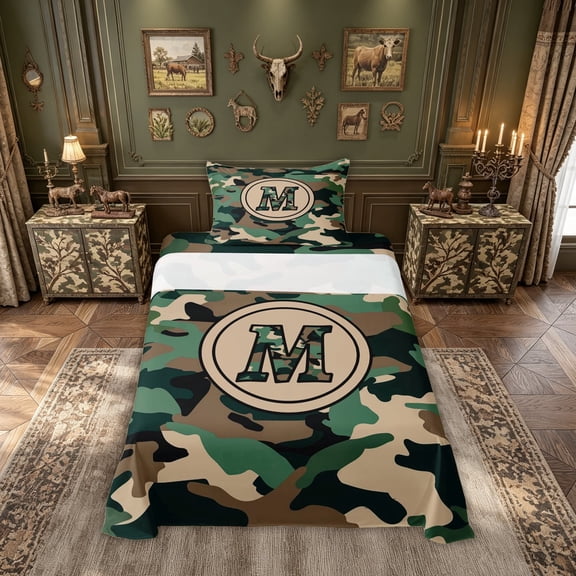 meiyoeat Camo Letter M Twin Sheets for Boys, Vintage Camouflage Bedding for Bedroom, Green, Black Reversible, 1 Flat Sheet, 1 Fitted Sheet and 1 Pillowcase