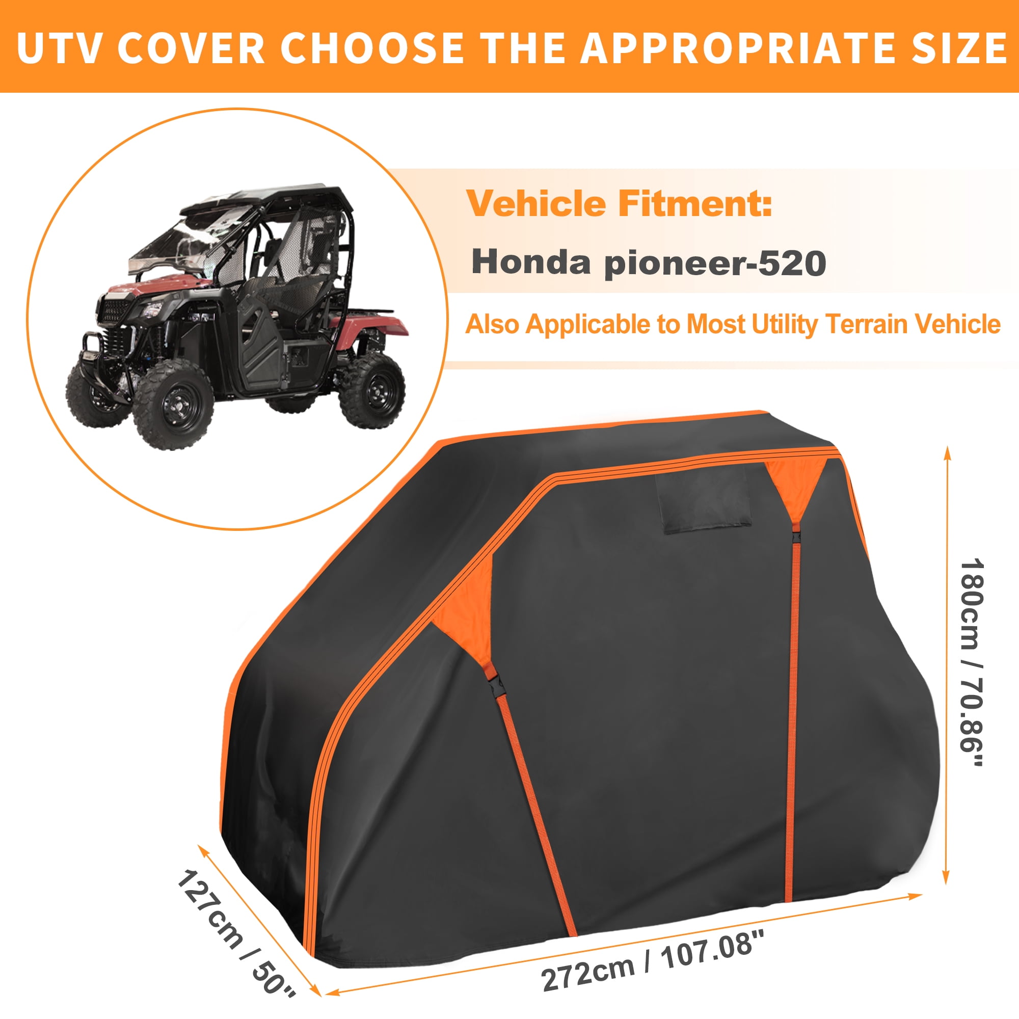 Unique Bargains Side by Side UTV Cover 210D-PU Black Orange for Honda Pioneer-520