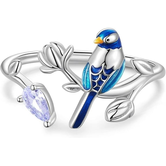 925 Sterling Silver Blue Adjustable Ring Floral Bird Animal Open Ring Finger Rings for Women Statement Ring Fine Jewelry
