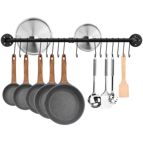 Toplife 100 cm Pot Rack, Kitchen Wall Mounted Detachable Pan Lid Utensils Organizer Hanging Rail with 16 Hooks, Black