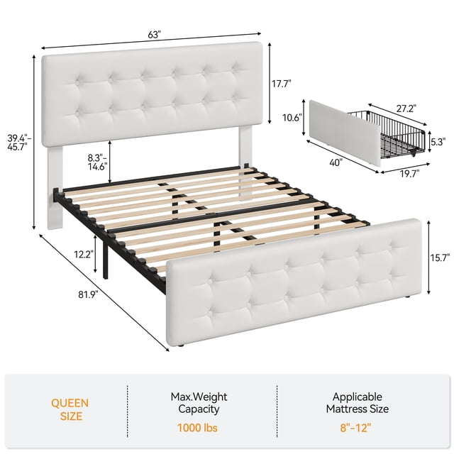Bingirl Queen Size Bed Frame with 4 Storage Drawers and Headboard, Linen Upholstered Platform Bed Frame with Wooden Slats Support, Button Tufted Design